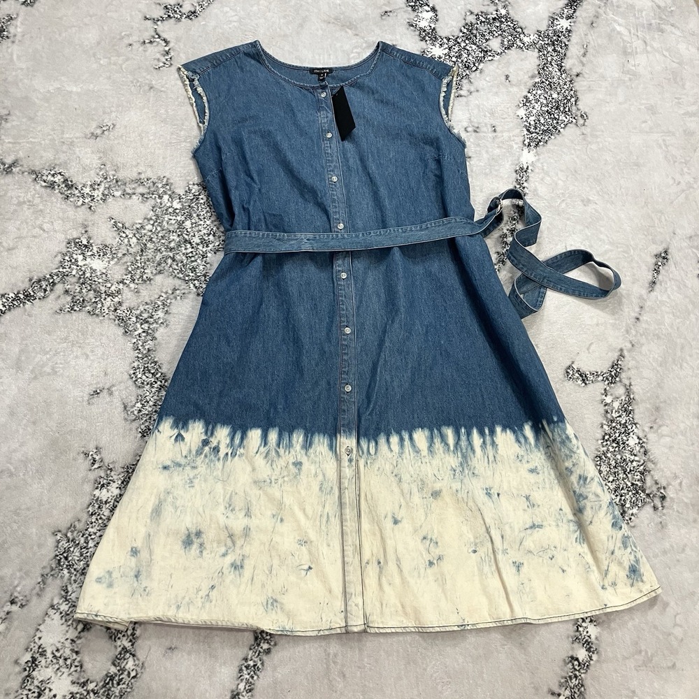 5th & Lane NWT Chambray Denim Midi Dress Tie Dye Bleach Hem Belted Size 26